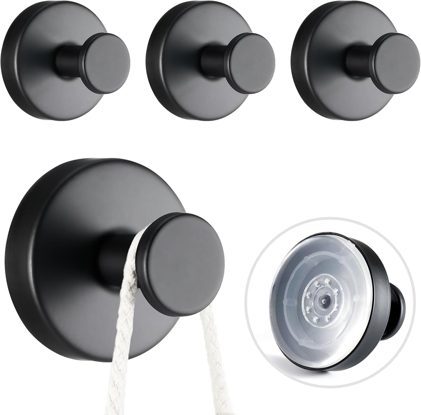 4 PCS Suction Cup Hooks for Shower, Stainless Steel No Drill Towel Hooks, Reusable Sticky Silicone Base for Bathroom Wall, Glass, Mirror, Tile to Hang Loofahs, Robes (Matt Black)