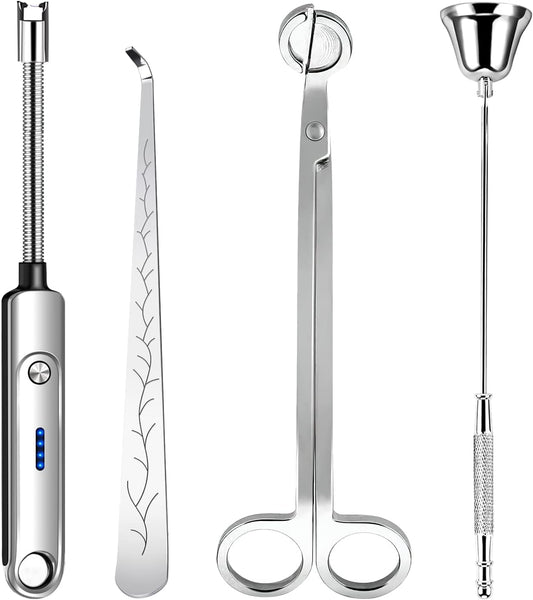 Lsnisni 4 in 1 Candle Accessory Set, Electric Lighter, Wick Cutter, Snuffer and Dipper, Steel Wick