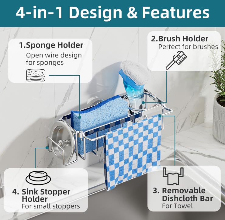 TAILI 4-in-1 Sink Caddy for Kitchen Sink with Strong Suction Cup-Silver