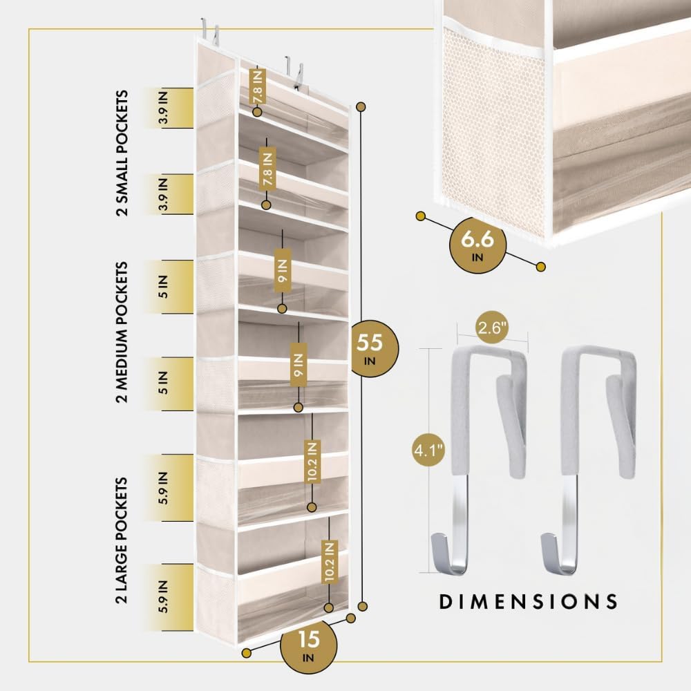 HOMELUX THEORY 1 PC Heavy Duty Over the Door Organizer 55x14x6.7, 6 Large Front & 12 Side Pockets, Hanging Storage Closet Door Organizer for Bedroom, Bathroom and Baby Nursery Storage (Ivory)