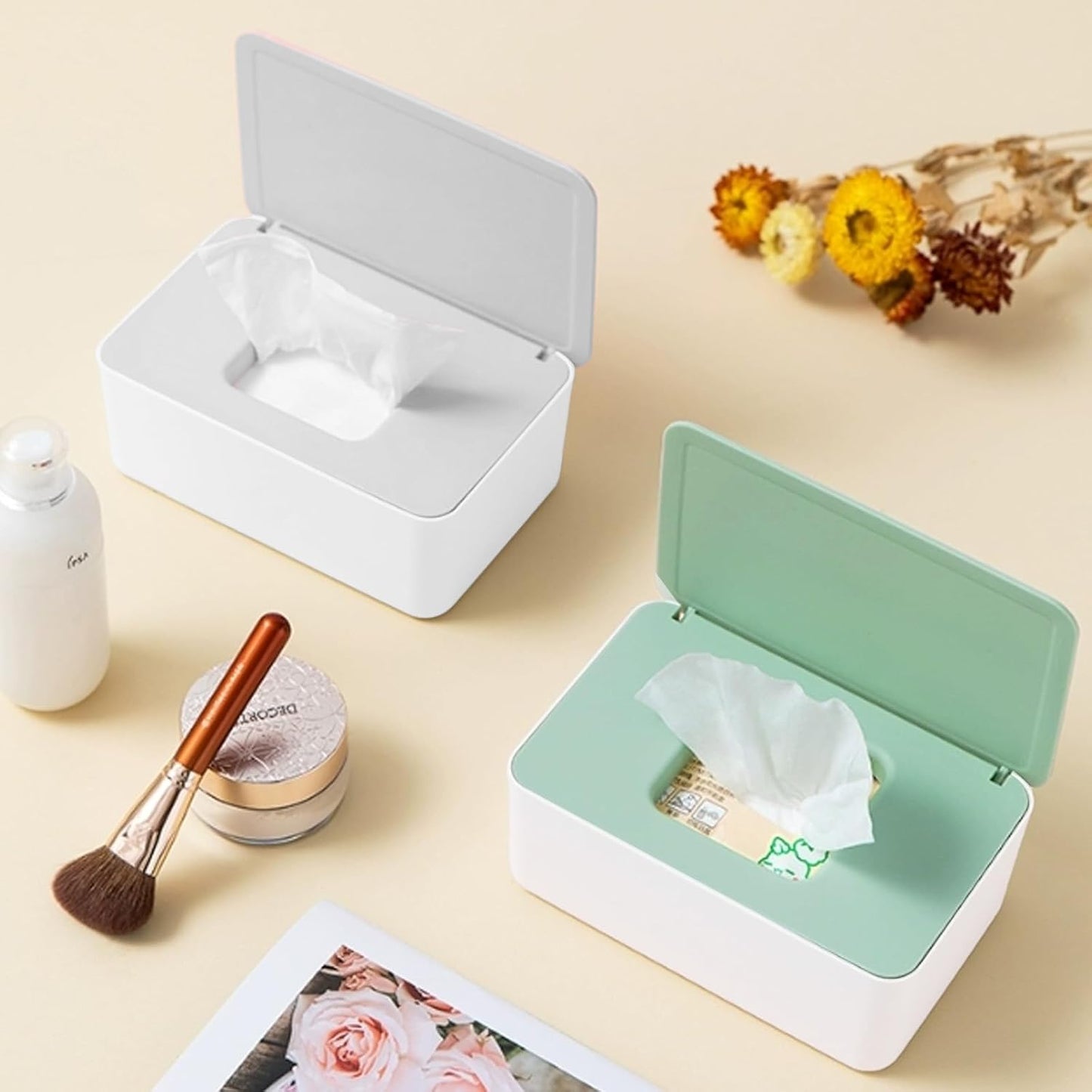 2Pcs Diaper Wipes Dispenser, Refillable Wipe Container, Wipe Container with Sealing Design Lid, Keep Wipes Fresh,Wet Wipes Cases (Gray and Green)