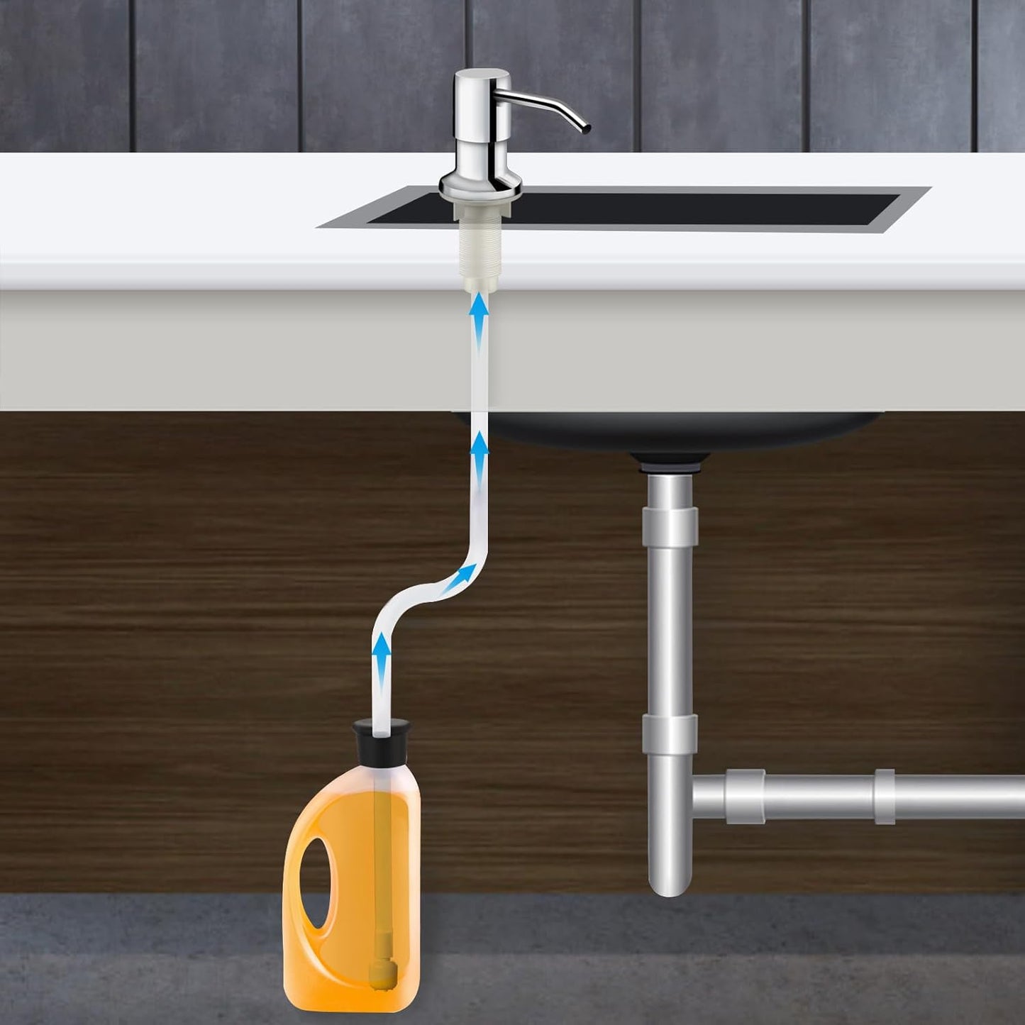 Soap Dispenser for Kitchen Sink and Extension Tube Kit, Stainless Steel Countertop SoapDispenser with 47 Inches Tube Connects Directly to Soap Bottle, Hand and Dish Soap Dispenser Pump （Chrome）