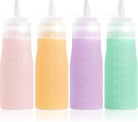 Condiment Squeeze Bottles, 16 oz Silicone Squeeze Bottles For Sauces, Leak Proof Condiment Containers with Extra Interchangeable lid, Easy Squeeze for Oil, Honey & Dressings, BPA FREE (4 Pack)
