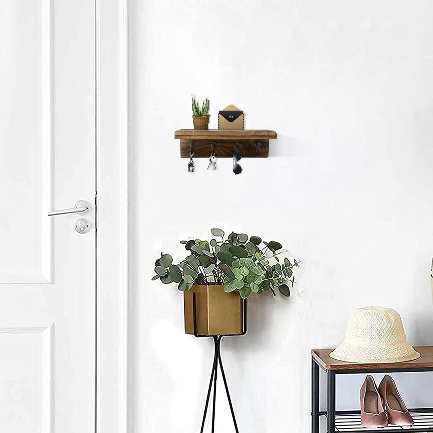 HRONRAD Rustic Key Holder for Wall, Farmhouse Wall Shelf with 4 Hooks, Wall Mounted Key Racks