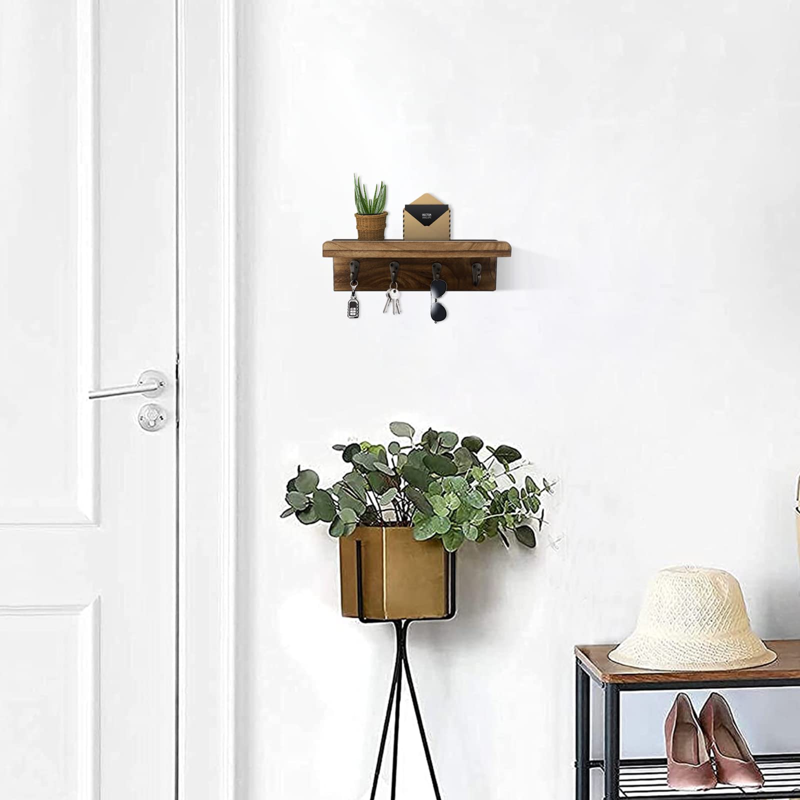 HRONRAD Rustic Key Holder for Wall, Farmhouse Wall Shelf with 4 Hooks, Wall Mounted Key Racks