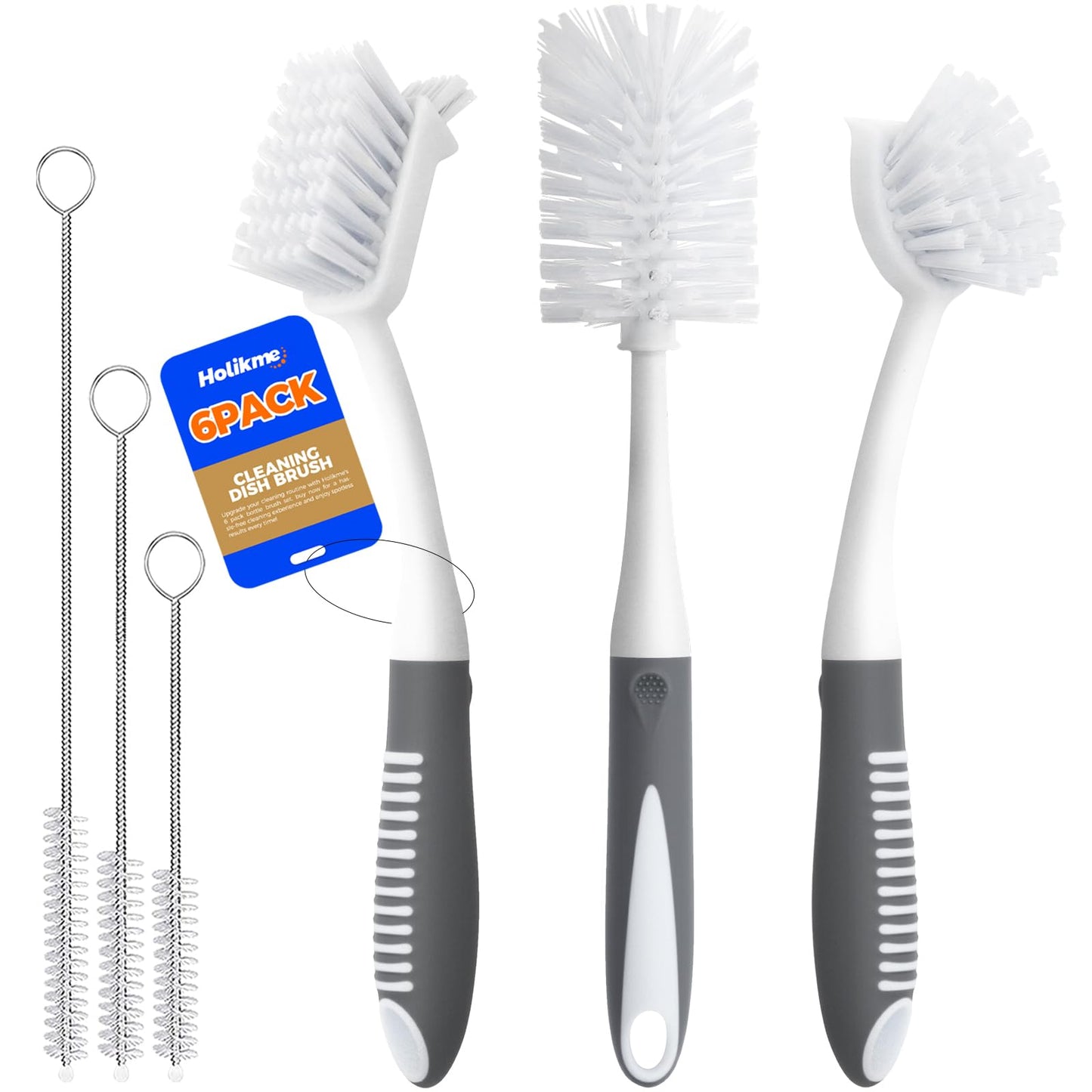 Holikme 6 Pack Dish Brush Set with Bottle Brush, Dish Scrub Brush,Gray
