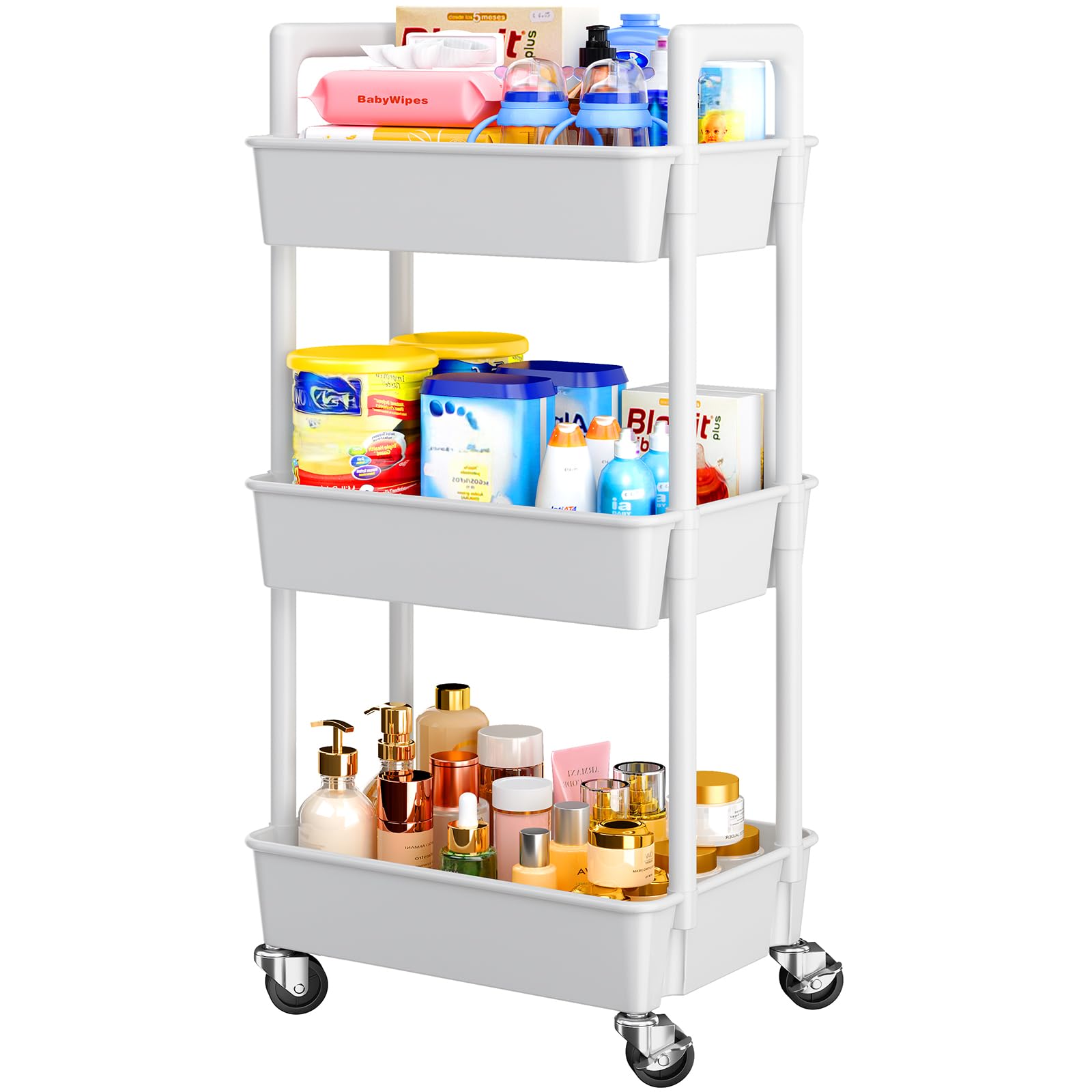 Pipishell 3 Tier Rolling Cart Organizer, Plastic Rolling Cart with Lockable Wheels & Reinforced