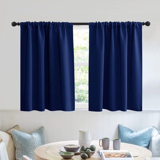 RYB HOME RV Curtains for Camper Windows - Soft Thermal Insulated Small Window Curtain Tiers for Cafe Kitchen Bedroom Basement Glass Door Window, W 42 x L 30 inches, Marine Blue, 2 Panels