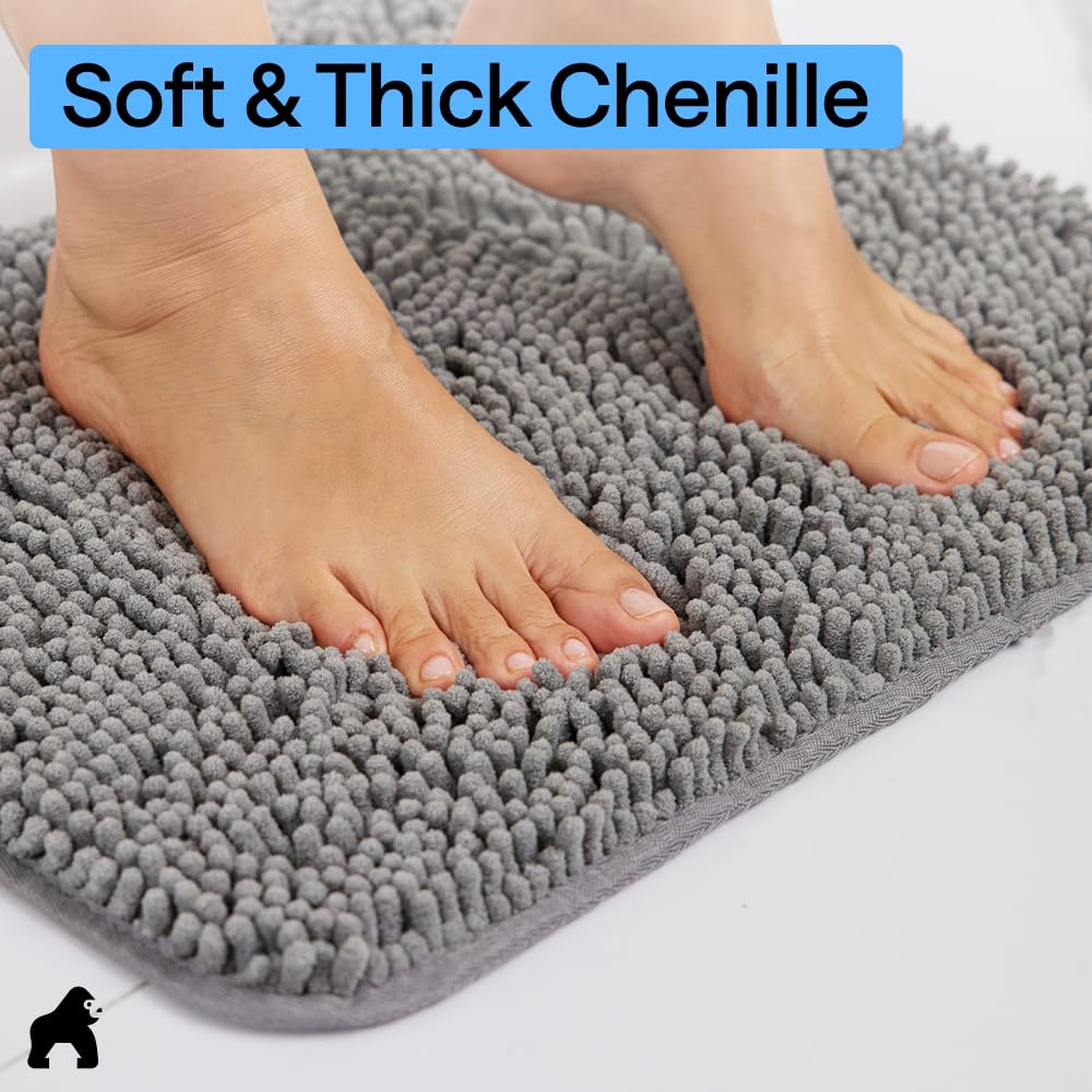 GORILLA GRIP Bath Rug Mat, Thick Soft Absorbent Chenille, Quick Dry Microfiber Mats, Rubber