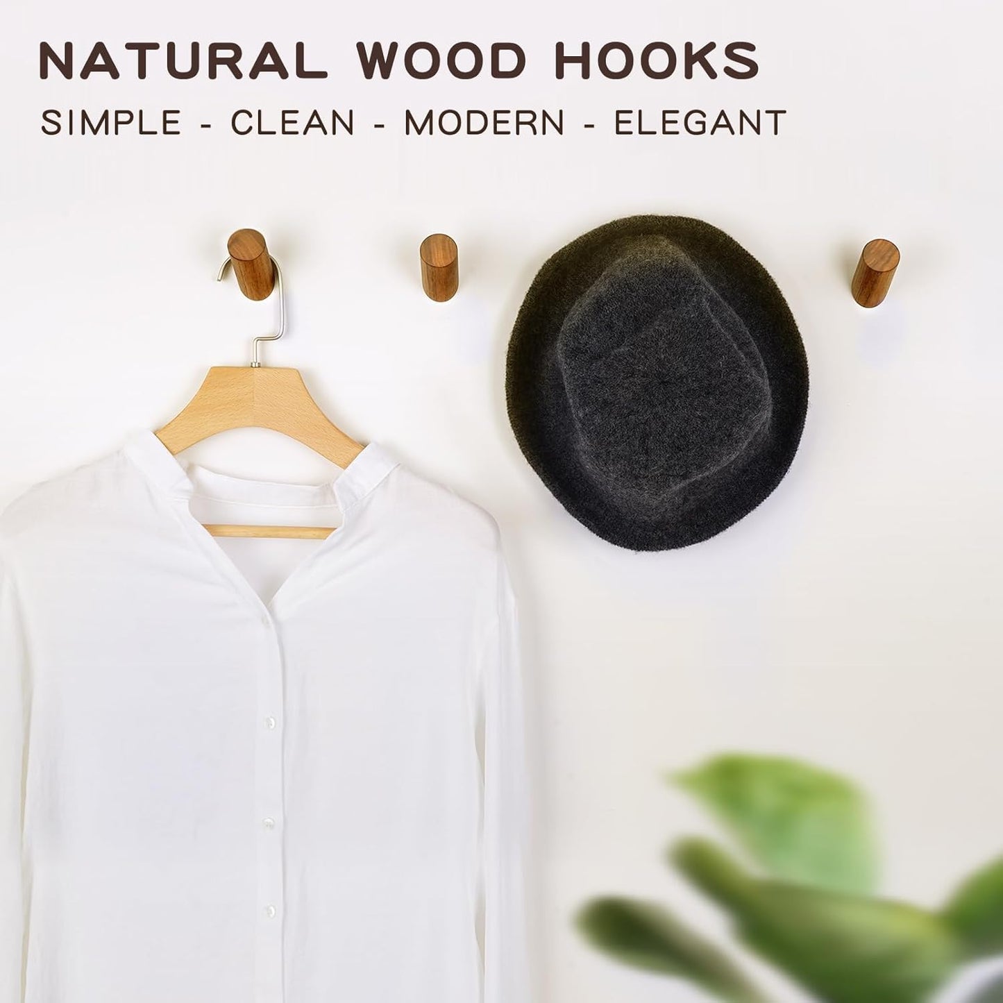 Wood Wall Hooks, 4 Pack Coat Hooks Wall Mounted, Rustic Wooden Heavy Duty Robe Hook Hat Rack, Hooks for Hanging Bathroom Towels Clothes Hanger (Walnut Wood)