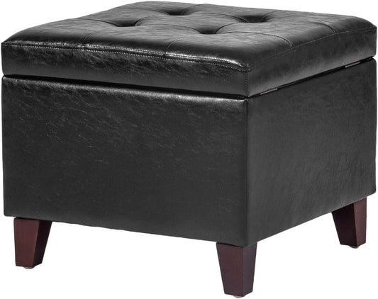 Adeco Storage Ottoman Foot Rest Stool, Leather Ottoman Footstool with Solid Wood Legs and Hinged