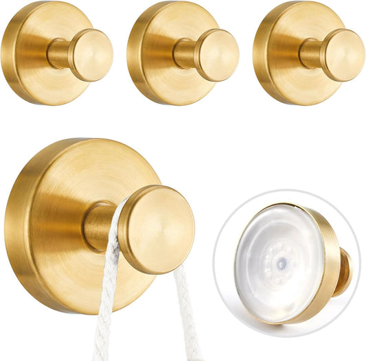 4 PCS Suction Cup Hooks for Shower, Stainless Steel No Drill Suction Towel Hooks, Reusable Sticky Silicone Suction Cup Base for Bathroom Wall, Glass, Mirror, Tile to Hang Loofahs, Robes (Gold)