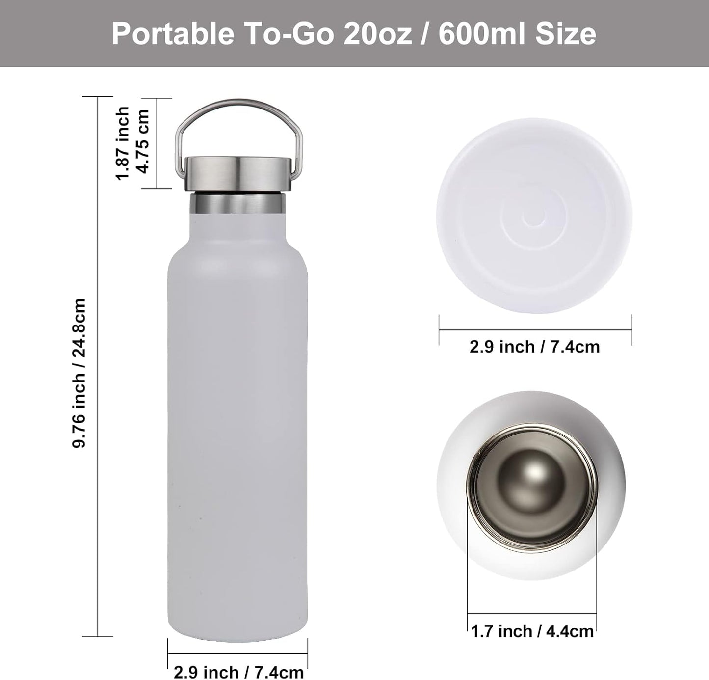 Neihepal White Stainless Steel Water Bottles,20 Ounce Vacuum Insulated Double Wall Travel Bottle with Leak Proof Lid of Handle,Metal Reusable Standard Mouth Flask Thermoses for School,Hikers,Gift