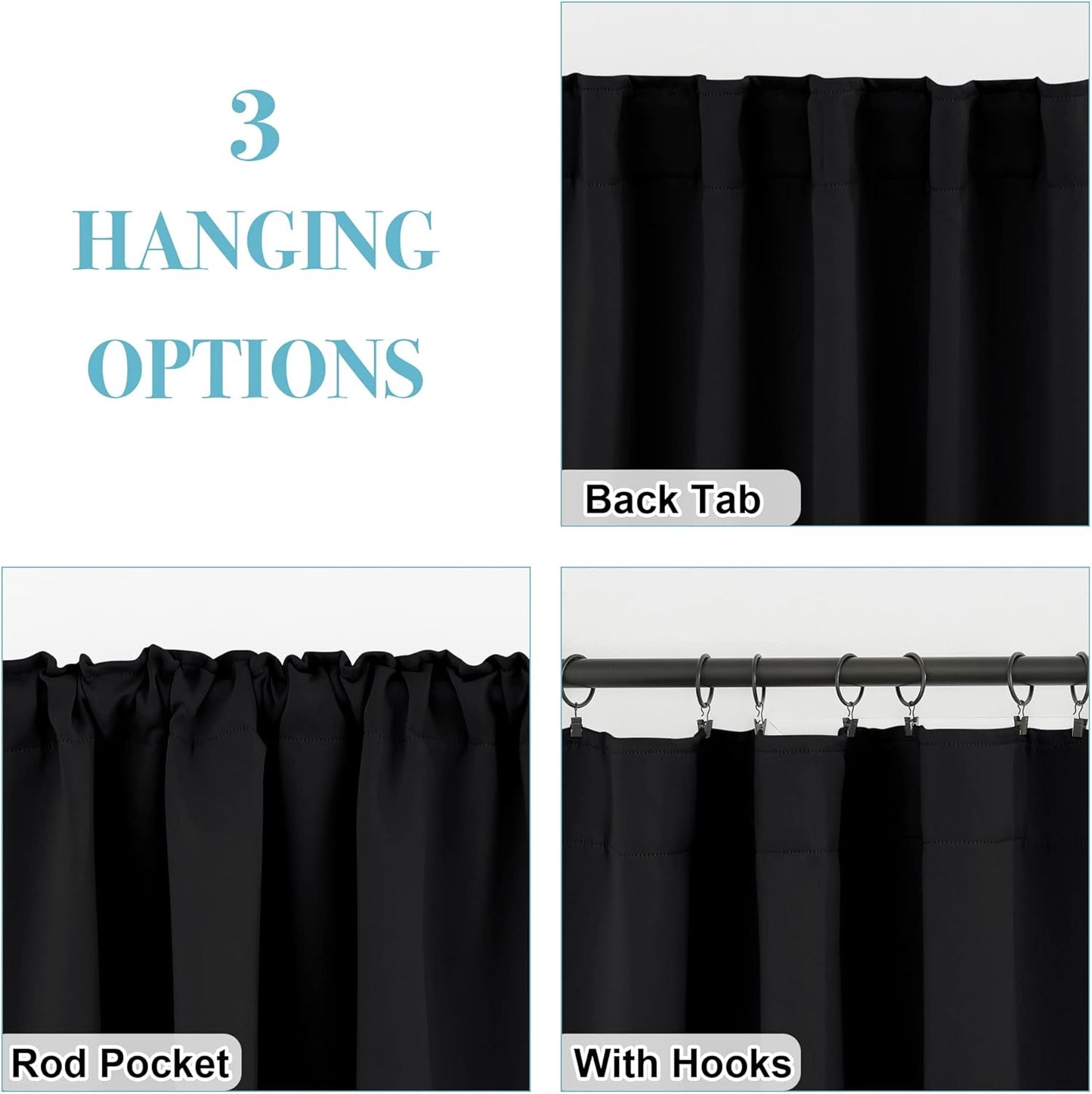 RYB HOME Blackout Curtains for Bedroom, Back Tab Curtain Drapes for Dining Room/Living Room/Garage/Staircase Window, Wide 42 x Long 72 inch, Black, 1 Pair