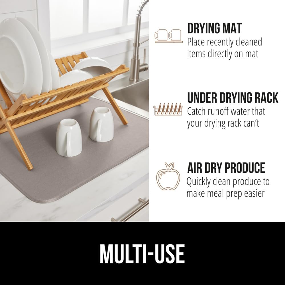 GORILLA GRIP Ultra Water Absorbent Microfiber Dish Drying Mat, Quick Dry Thick Mesh, Slip Resistant Pad for Sink Dishes or Under Rack, Kitchen Counter Accessories, 16x18, Machine Wash Mats, Almond