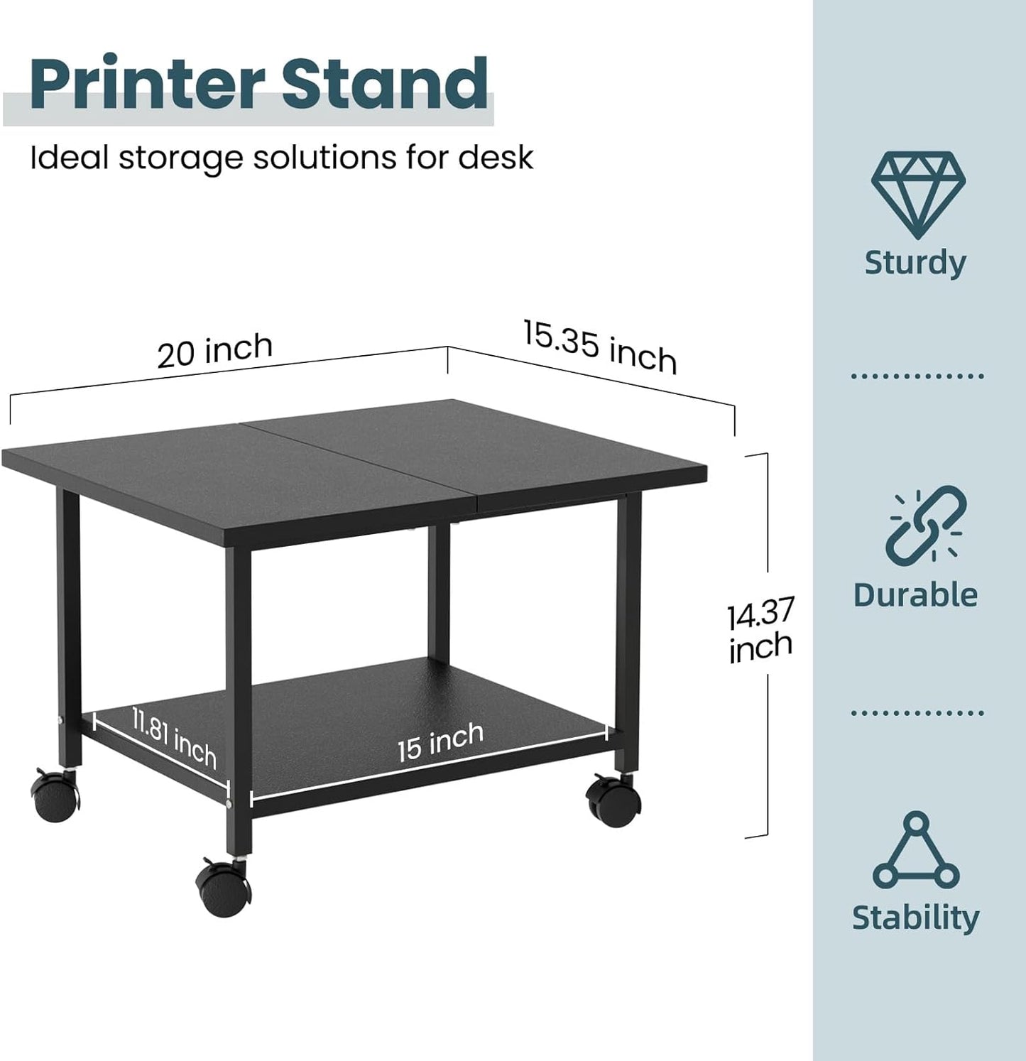 Printer Stand with Storage Under Desk Shelf, Desktop Printer Stand Organizer, Rolling Printer Cart Storage Paper Files Holder for Desk, Office, Home, (Black)