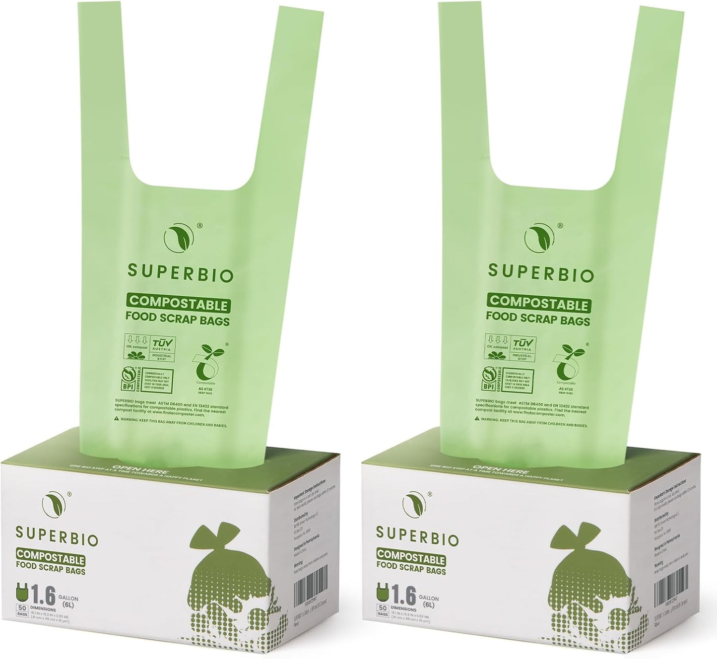 SUPERBIO 1.6 Gallon Handle Tie Compostable Food Scrap Bags, Small Compost Bags with Handles, 50 Count, 2 Pack, BPI & OK compost INDUSTRIAL