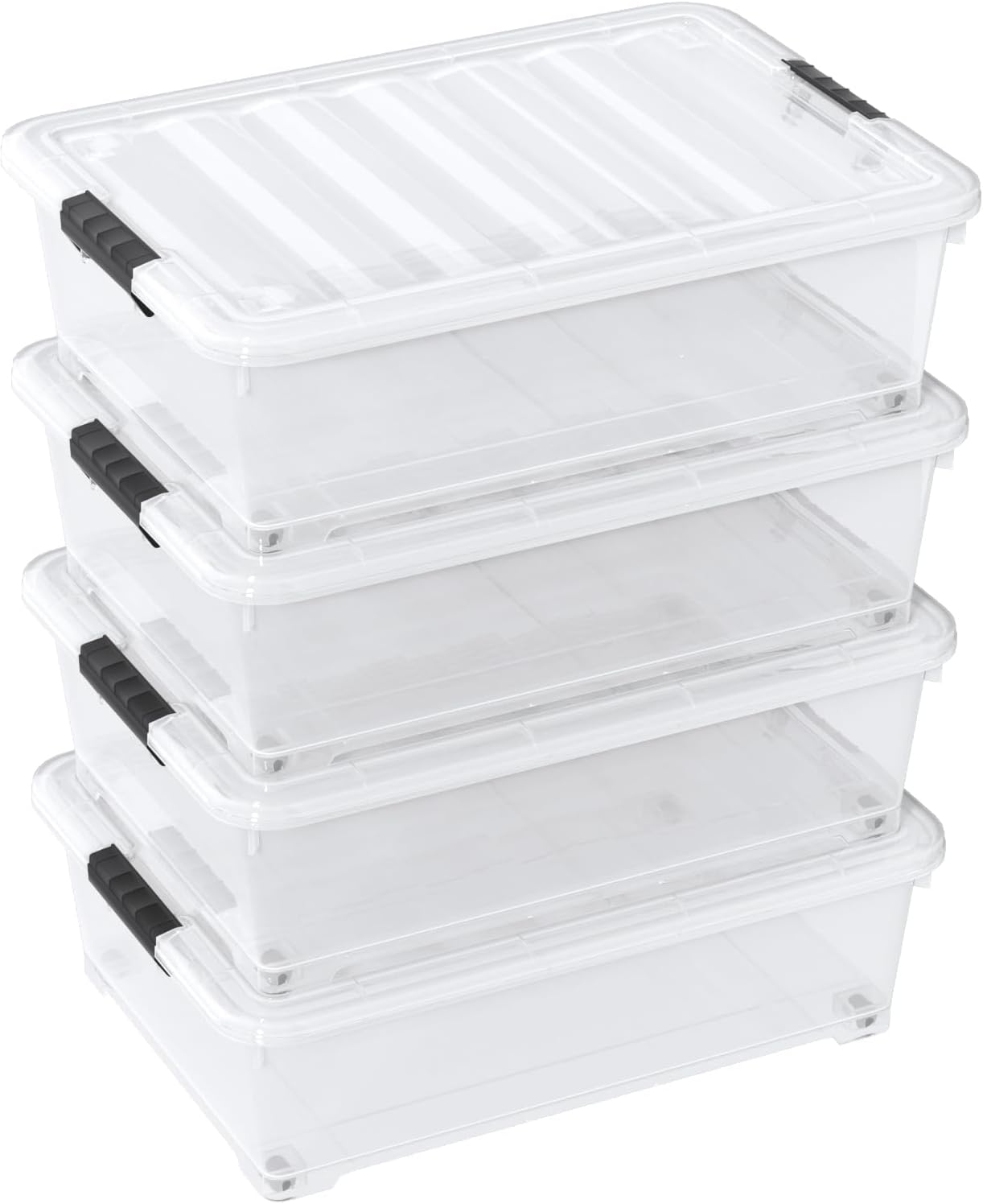 25 Quart Clear Under Bed Storage Container with Wheels, 4 Packs Stackable Plastic Underbed Bin with Lid