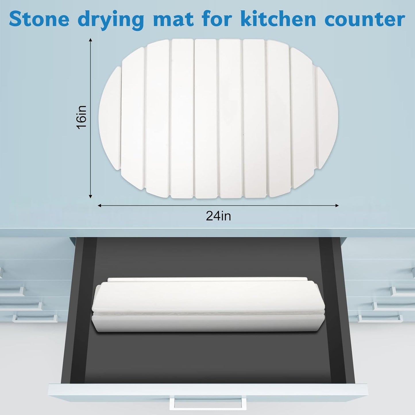 Stone Drying Mat for Kitchen Counter , Foldable 24"x16"Large Absorbent Diatomaceous Earth Dish Drying Mat, Quick Dry & Eco-Friendly for Dishes, Bottles, Cups Bathroom Any Countertop Non-Slip Mat