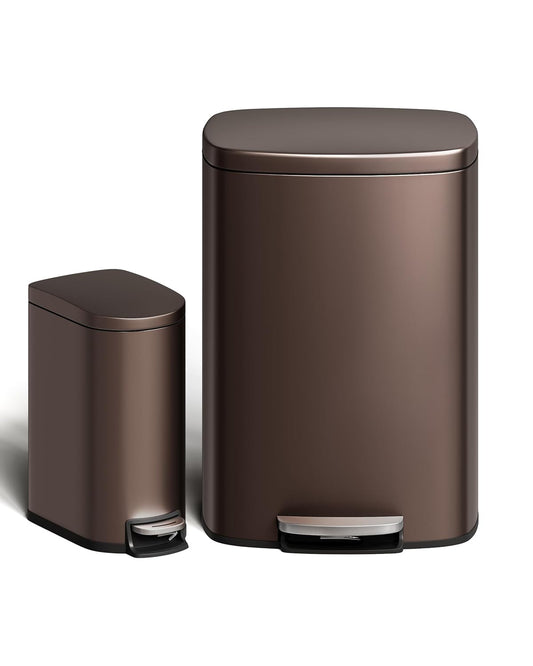 Garvee 13 Gal (50L) and 2.6 Gal (10L) Metal Trash Can Combo Set, Rustproof Garbage Can with Lid, Step-on Trash Bin with Inner Bucket, Rear Handle, Brown