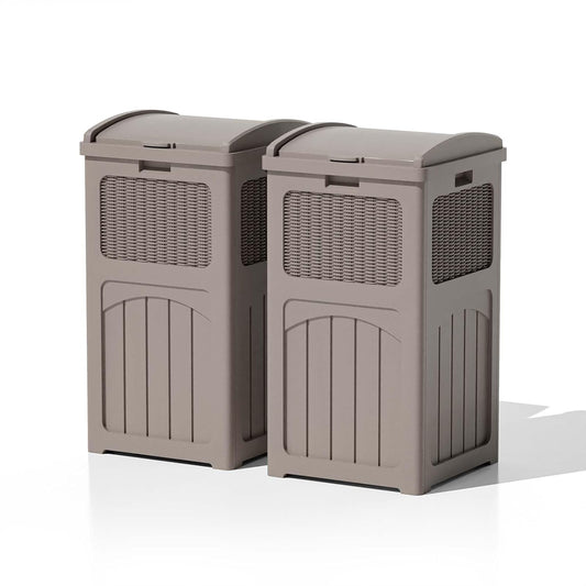 Patiowell 36 Gallon Outdoor Trash Can, Resin Outdoor Garbage Can with Lid for Patio, Backyard, Deck, Light Brown （2 Pack）