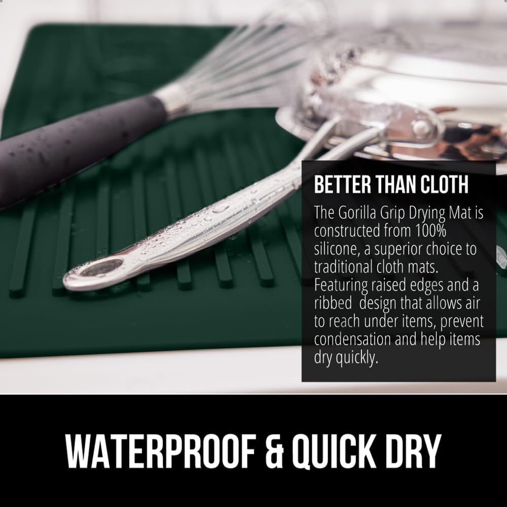 GORILLA GRIP 100% BPA-Free Silicone Dish Drying Mat for Kitchen Counter, Quick Dry, Water Catching Ribbed Design, Easy Clean Waterproof Sink Liner, Heat Resistant, Fits Under Rack, 13x11, Hunter Green