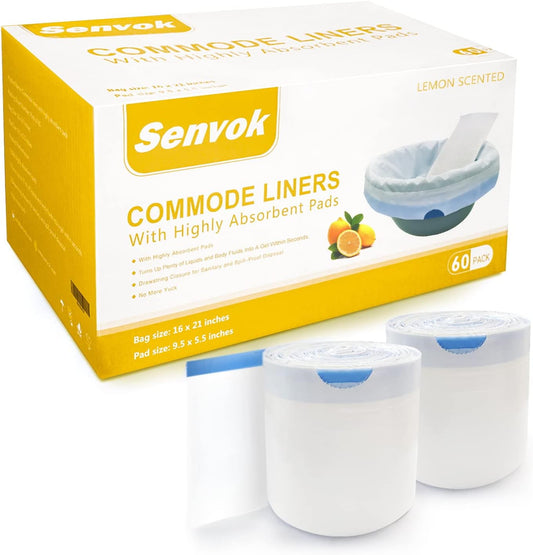 Senvok Commode Liners with Highly Absorbent Pads - 60 Pack | Lemon Scented | Leak-Proof Medical Grade Disposable Liners for Bedside Commode & Adult Toilet Care