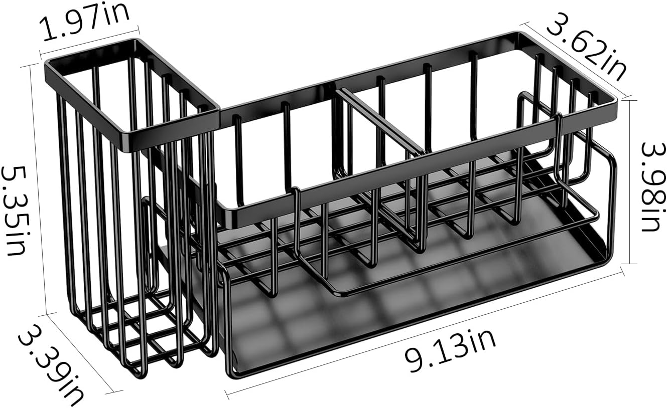 Sponge Holder & Sink Caddy Organizer - Rustproof Kitchen Sink Organizer with High Brush Holder - Kitchen Essentials Countertop Storage Organization (Grey)