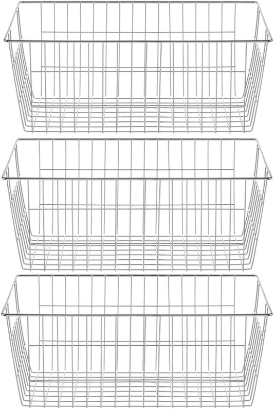 SANNO Freezer Baskets Wire Storage Baskets Closet Organization Baskets Bin Farmhouse Storage Bins Large Organizer Bins for Home, Office, Bathroom, Pantry -Set of 3, Chrome, 15.7"