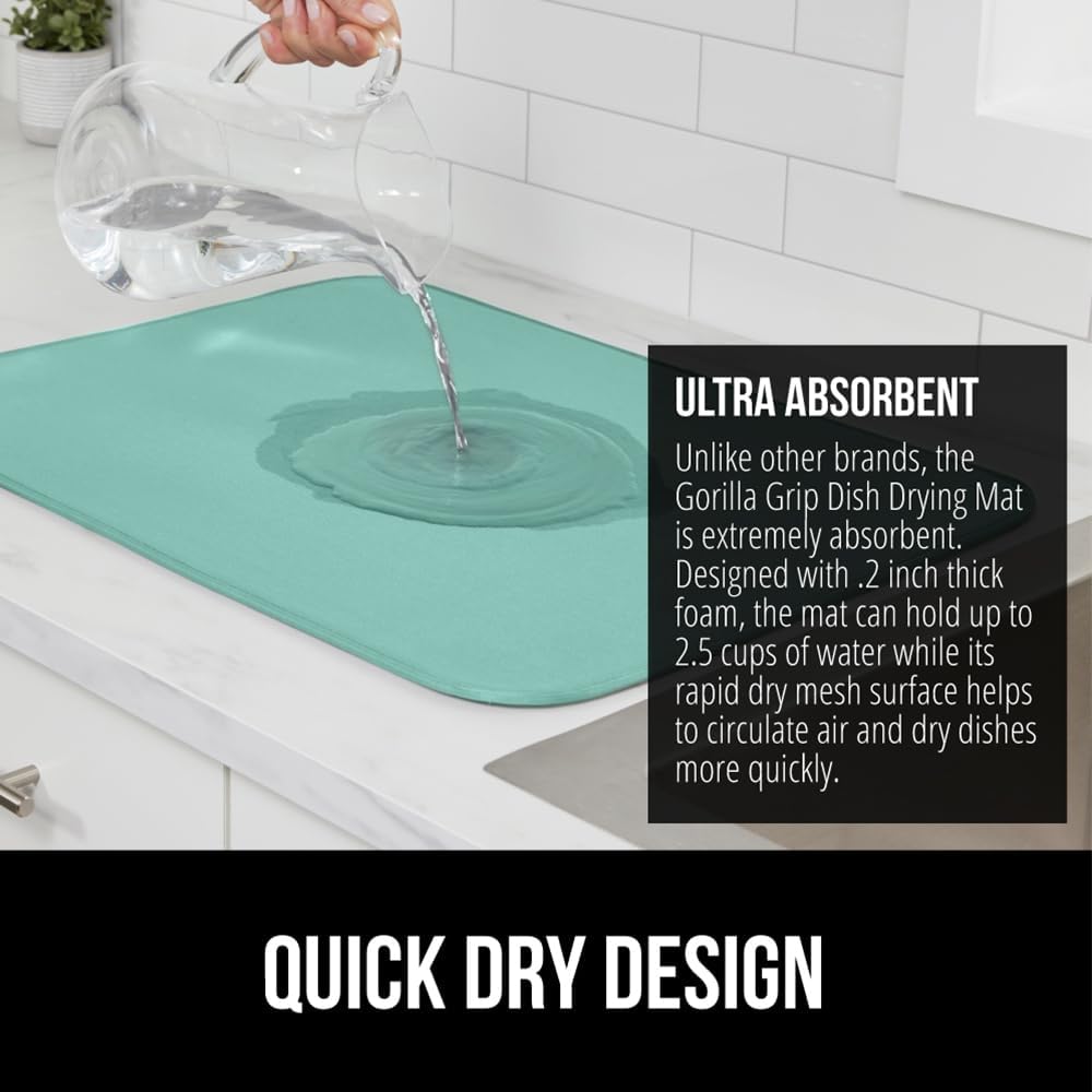 GORILLA GRIP Ultra Water Absorbent Microfiber Dish Drying Mat, 18x24, Quick Dry Thick Mesh, Slip Resistant Pad for Sink Dishes or Under Rack, Kitchen Counter Accessories, Machine Wash Mats, Mint