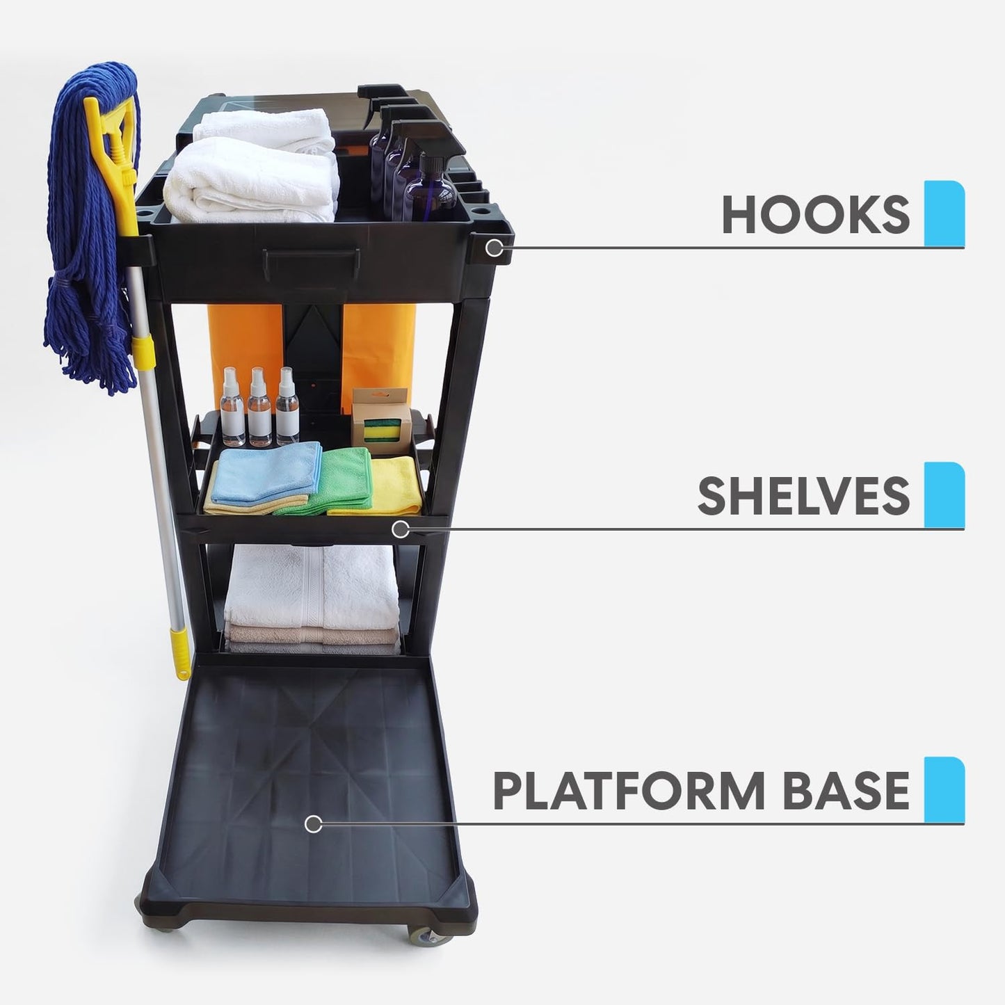 Simpli-Magic Janitorial Cart, 330 lbs Capacity – 3-Shelf Commercial Housekeeping Cleaning Cart on