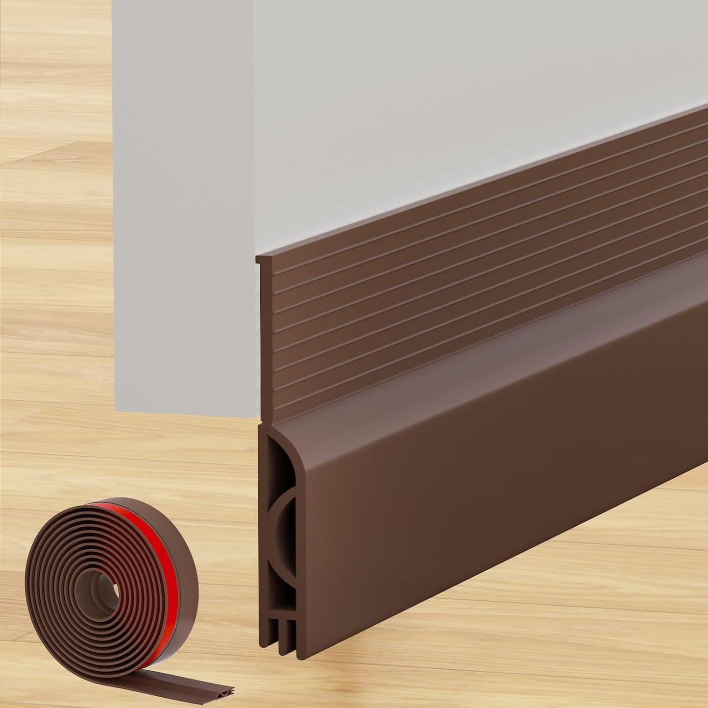 Under Door Draft Stopper, Self-Adhesive Door Sweep for Bottom of Door, Weather Stripping Doors Seal Soundproofing Insulation Strip, Doors Bottom Gap Blocker for Exterior/Interior (2M, Brown)