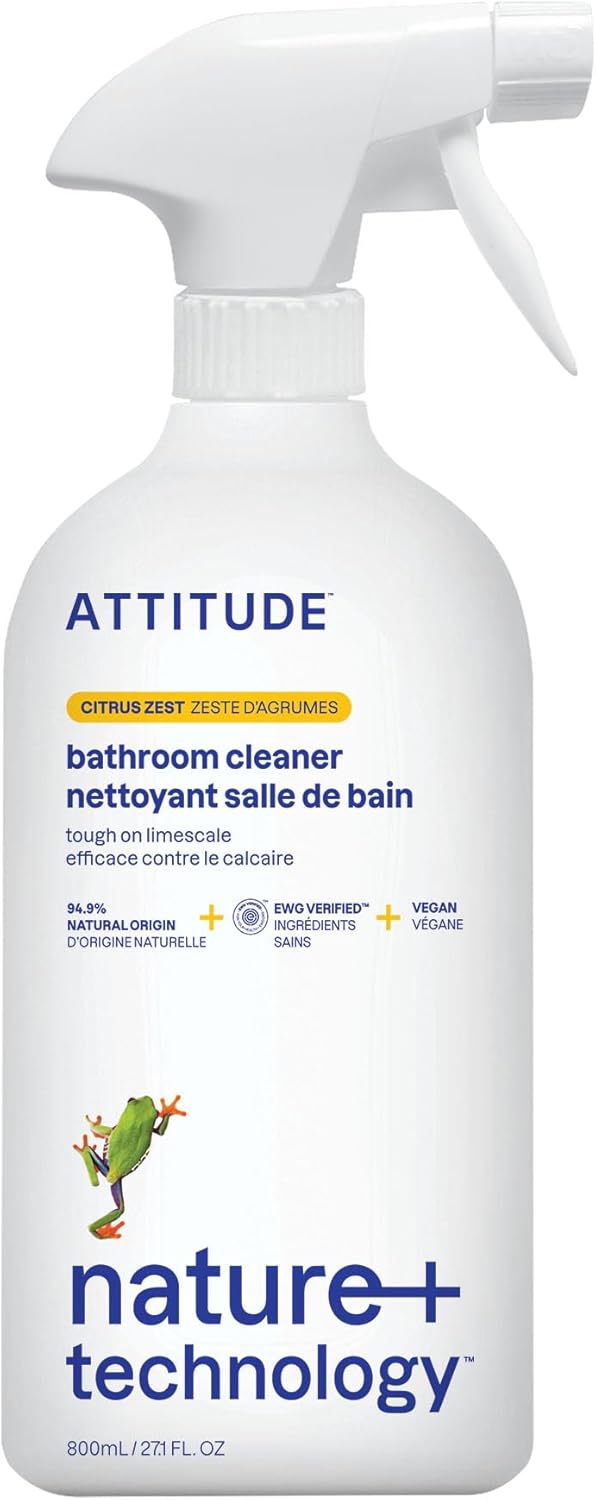 ATTITUDE Bathroom Cleaner Spray, EWG Verified, Plant-Based & Vegan, Safe for Bathroom Surfaces, Tiles, Tubs, Shower Walls, and Grout, Citrus Zest Scent, 27.1 Fl Oz