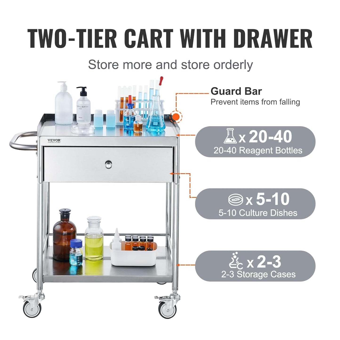 VEVOR Medical Cart, 2-Layer Stainless Steel Cart 220 lbs Weight Capacity, Lab Utility Cart with 360° Silent Wheels and a Drawer for Lab, Clinic, Kitchen, Salon, 141002