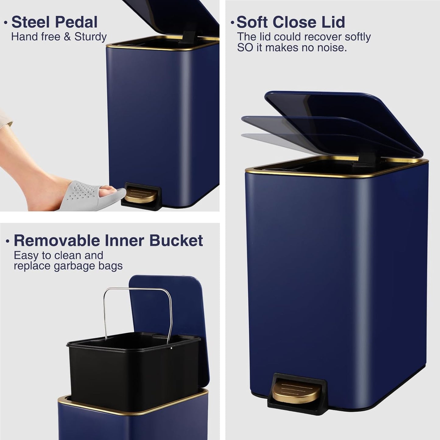 Small Bathroom Trash Can with Lid Soft Close, 1.8 Gallon Stainless Steel Garbage Can with Removable Inner Bucket,3PCS Soap Dispenser,75Count Trash Bag, Slim Step Pedal Trash Bins