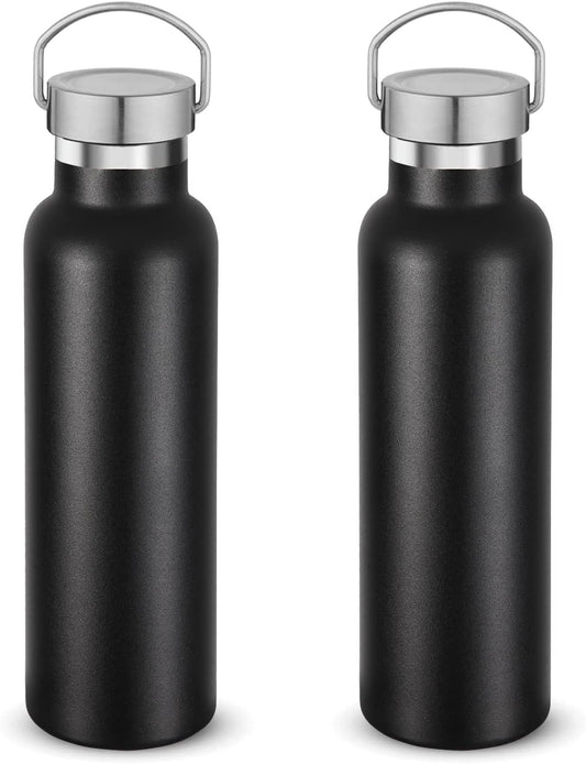 Neihepal 20 oz Insulated Water Bottles Bulk 2 Pack,Stainless Steel Double Wall Sport Bottle with Lid of Handle,Metal Reusable Thermoses Flask with Cup Cap for School,Hikers,Gift (Black,Set of 2)