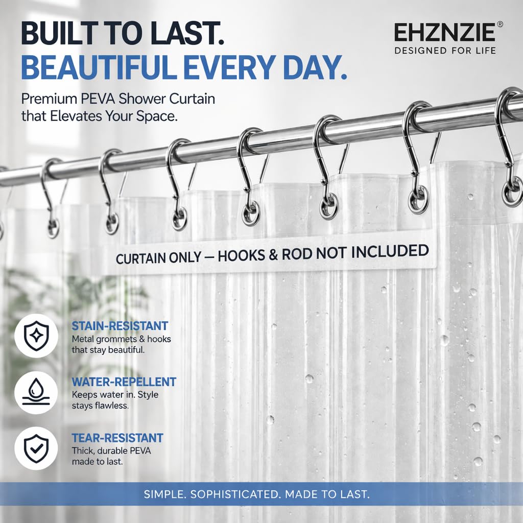 EHZNZIE Crystal Clear Shower Curtain Liner 72x72, PEVA Waterproof Bath Curtain, No Chemical Smell