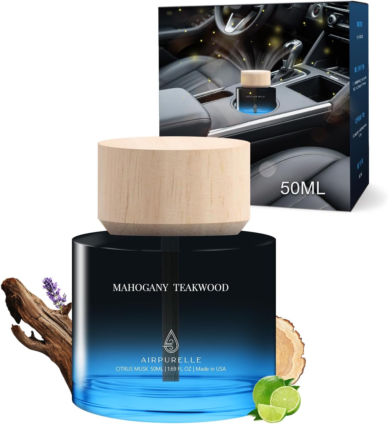 Car Air Freshener for Men & Women – Long-Lasting Mahogany Teakwood Essential Oil Diffuser for Car Cup Holder – 50ML (1.7 FL OZ) Car Scent Diffuser, Inspired by Perfume – Made in USA