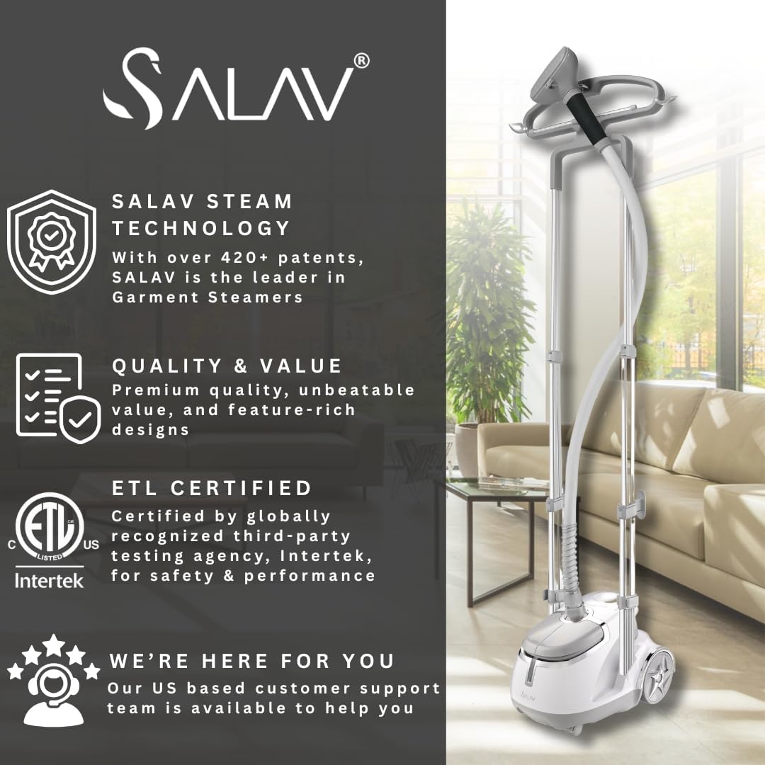 SALAV GS45-DJ Professional Upright Garment Steamer with Roll Wheels, Multi-Function Extra Wide Hanger, Fabric Brush & Mini Ironing Paddle, 1500 watts, Silver