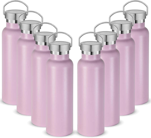 Neihepal 20 oz Insulated Water Bottles Bulk 8 Pack,Stainless Steel Double Wall Sport Bottle with Lid of Handle,Metal Reusable Flask with Cup Cap for School,Hikers,Gift (Pink,Set of 8)