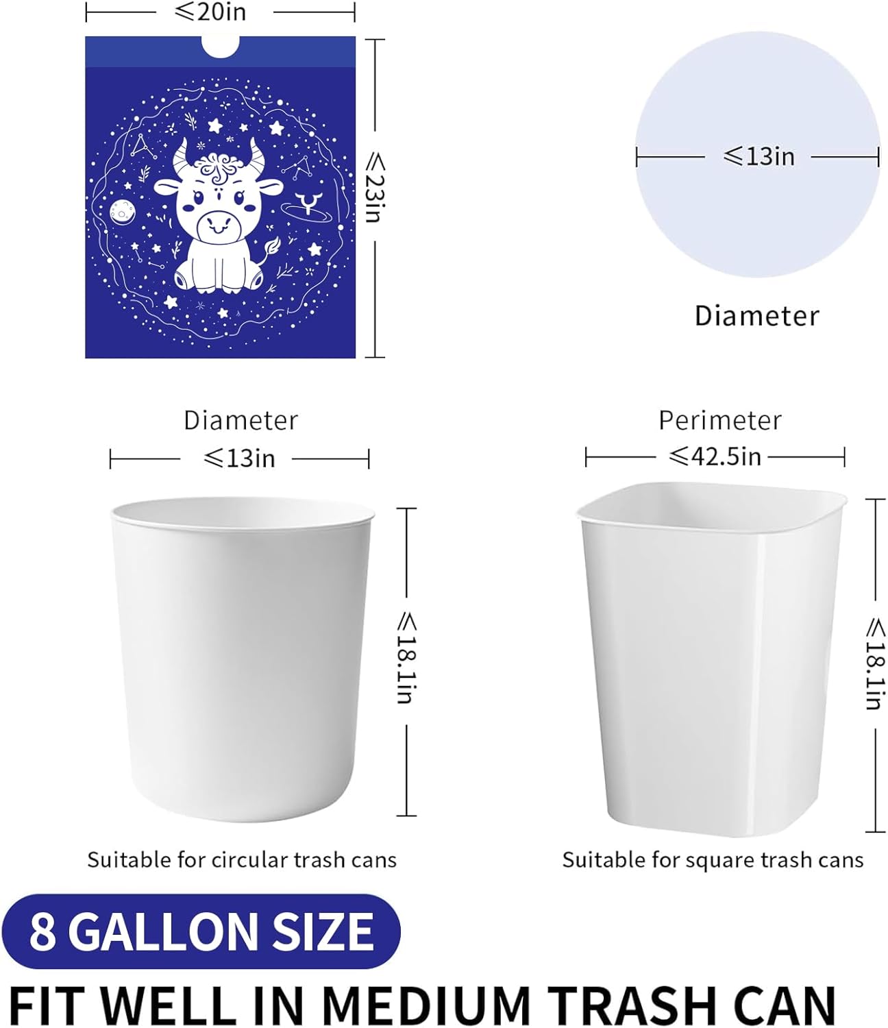 VOK 8 Gallon Trash Bags Drawstring, Medium Trash Bags for Office, Kitchen, Bedroom Trash Cans, Colored Portable Sturdy Garbage Bags 8 Gallon with Cute Cow Printed, 60 Counts