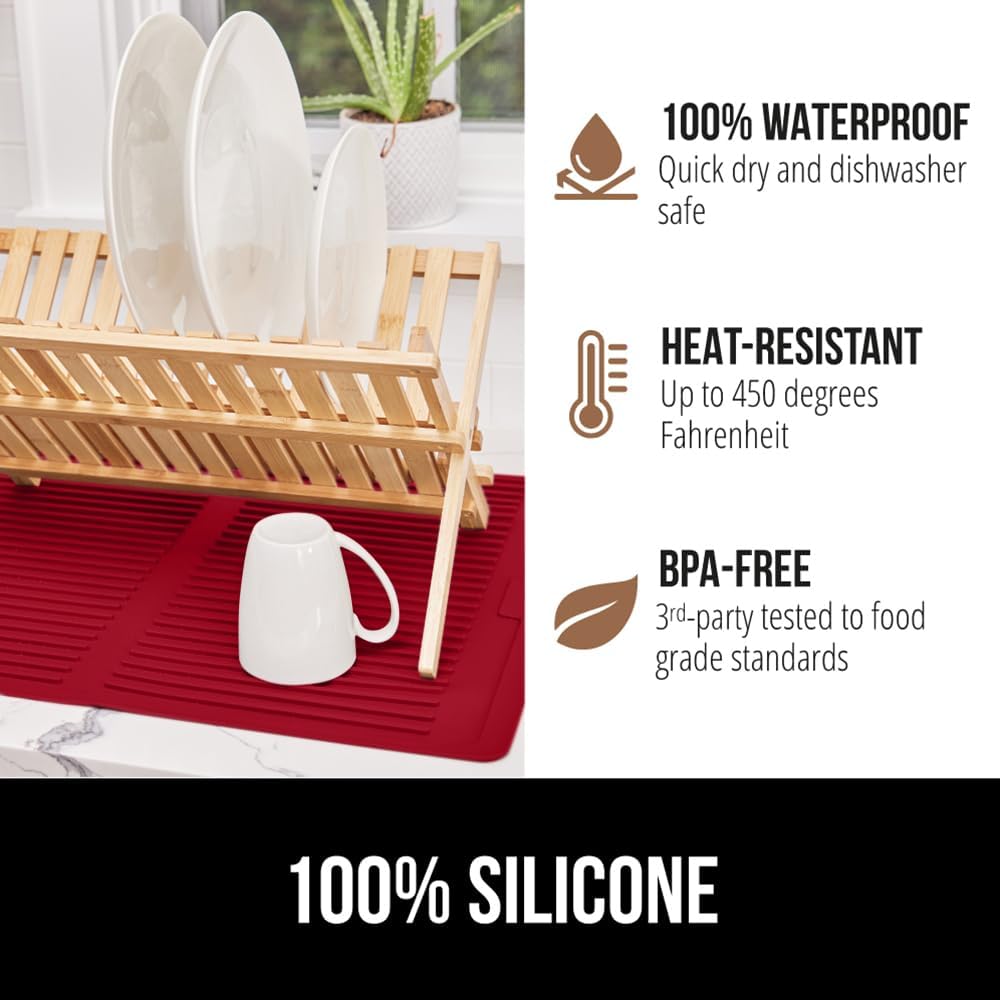 GORILLA GRIP 100% BPA-Free Patented Silicone Dish Drying Mat for Kitchen Counter, Water Catching Ribbed Design, Easy Clean Waterproof Sink Liner, Heat Resistant, Fits Under Rack, 16x12 Inch, Red
