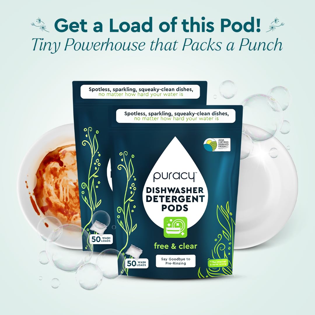 Puracy Dishwasher Pods, Natural Dishwasher Detergent, Free & Clear Dish tabs - Enzyme-Powered, Spot & Residue Free - TikTok Trend Items, Must Haves from TikTok Made Me Buy It (Free & Clear, 100 Count)