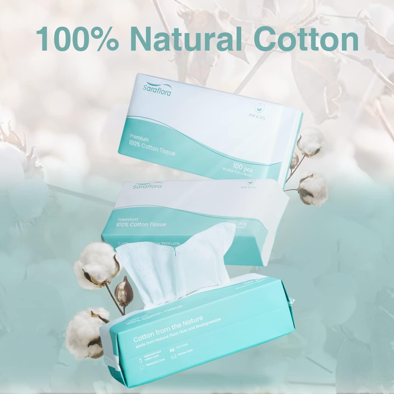 Saraflora 100% Cotton Facial Tissue Soft Dry Wipe 6 Pack, Use for Sensitive Skin Disposable Face Towel Extra Thick Dry and Wet Use Disposable Cotton Tissues for Washing Face Makeup Wipes（600 Count ）