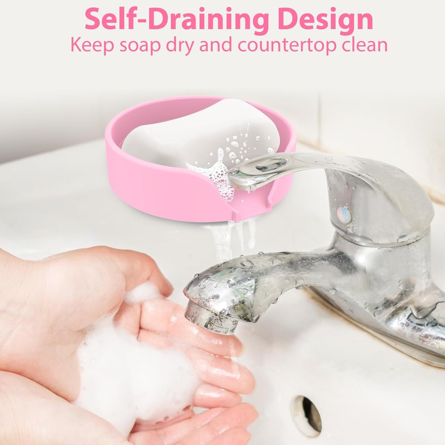 Self Draining Soap Dish, Silicone Suction Cup Soap Holder Tray Savers Container Sponge Holder for Bar Bathroom Shower Kitchen Sink, Can Extend Soap Life (2, Pink)