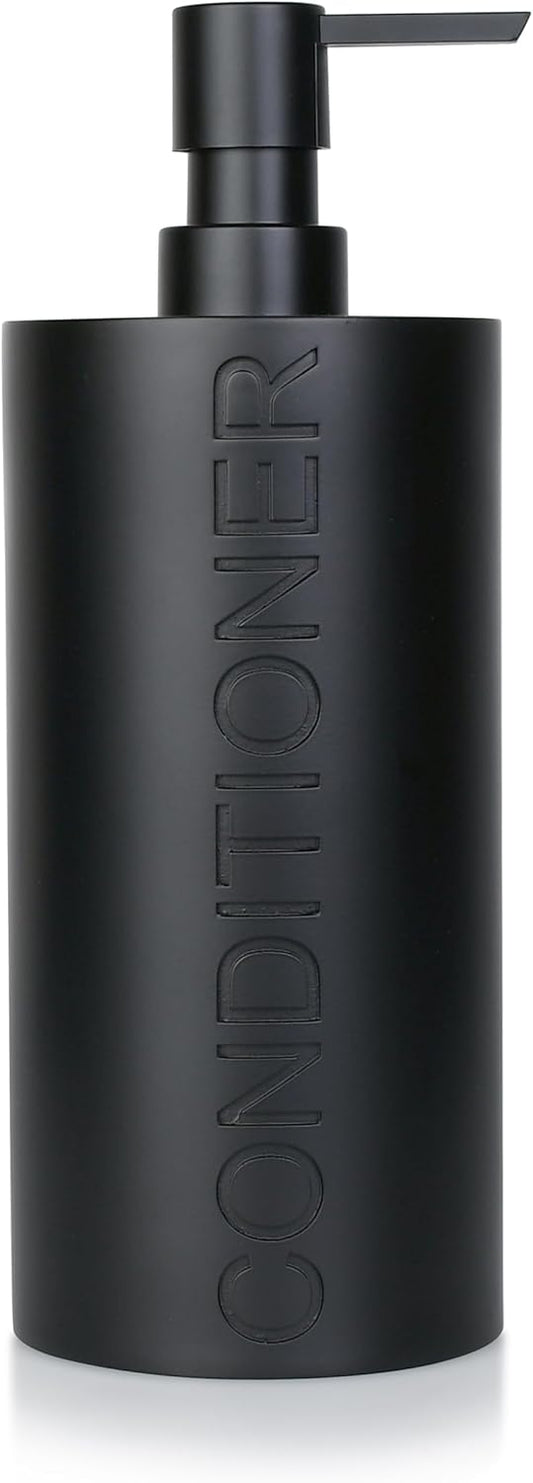 Matte Black Conditioner Dispenser Luxurious Refillable Pump Bottle with Black Resin Pump and Embossed Text, Durable Design for Bathroom and Shower