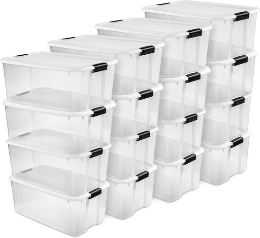 Sterilite 16-Pack Ultra Latching Box, Storage Bins with Lids, Clear Plastic, 116 Quart - Heavy-Duty Organizing Containers for Closet, Bathroom, and Office