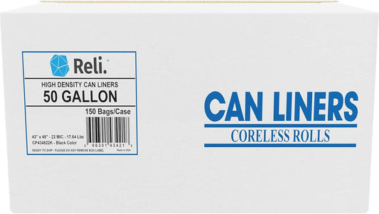 Reli. Premium 50 Gallon Trash Bags | 150 Count | Made in USA | Heavy Duty | Bulk | SuperValue | Black Multi-Use Garbage Bags