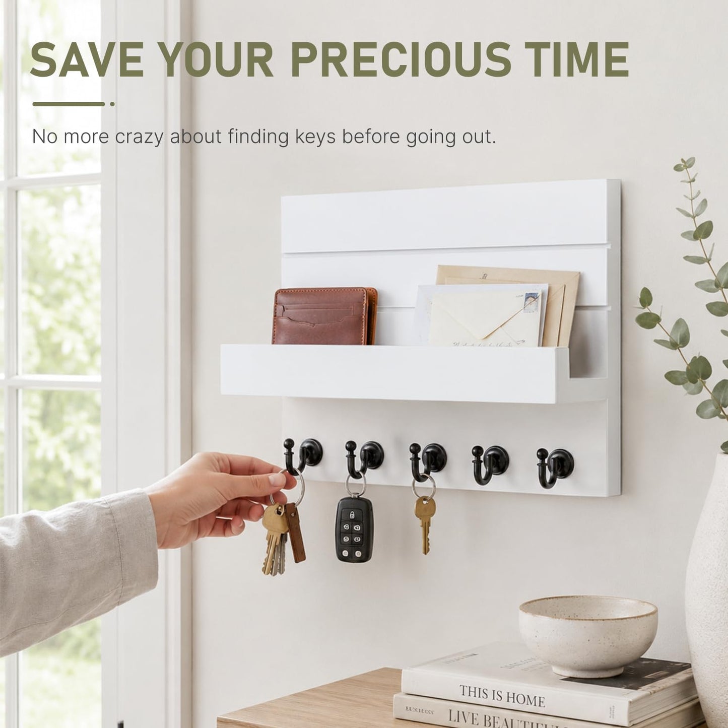 HONJIN Key Holder Wall Mount with Shelf and 5 Sturdy Key Hooks (White)