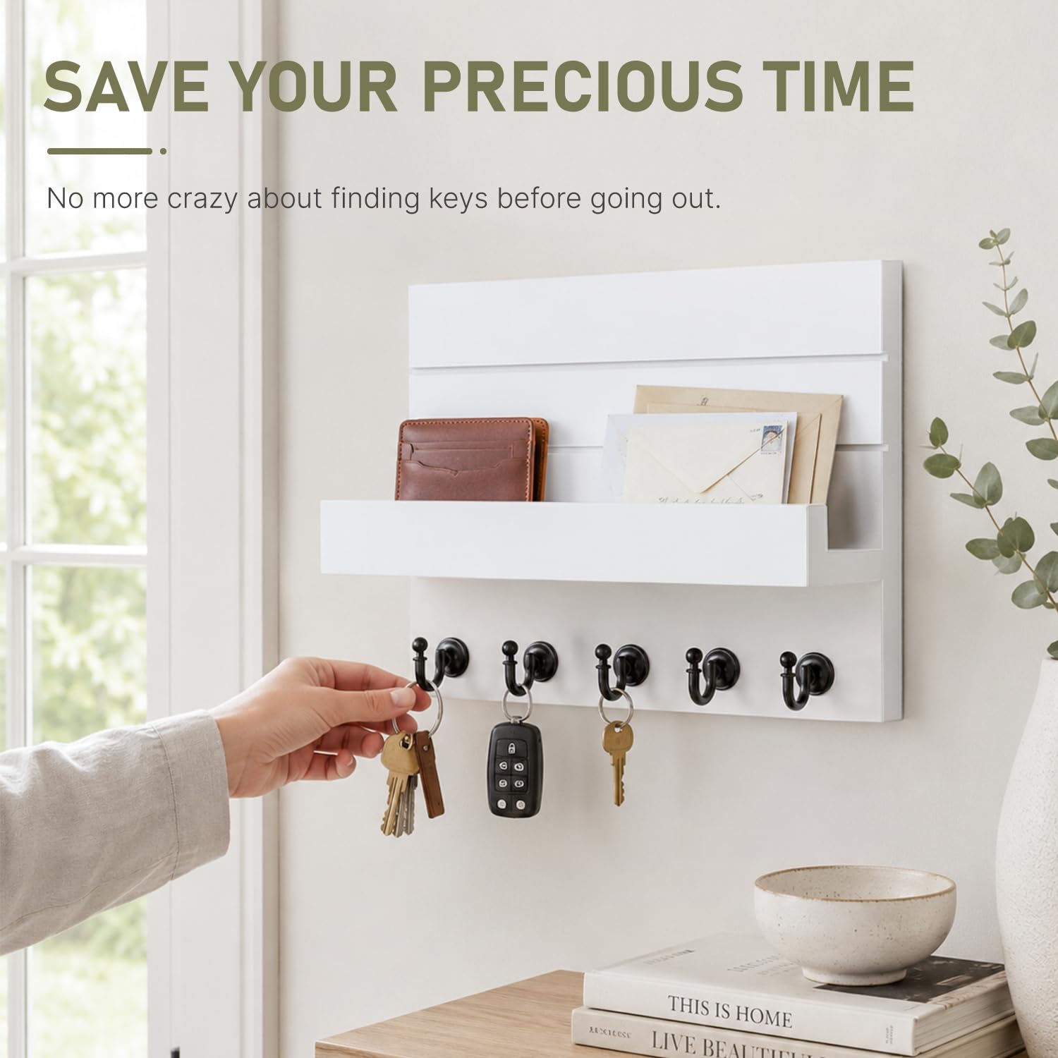 HONJIN Key Holder Wall Mount with Shelf and 5 Sturdy Key Hooks (White)